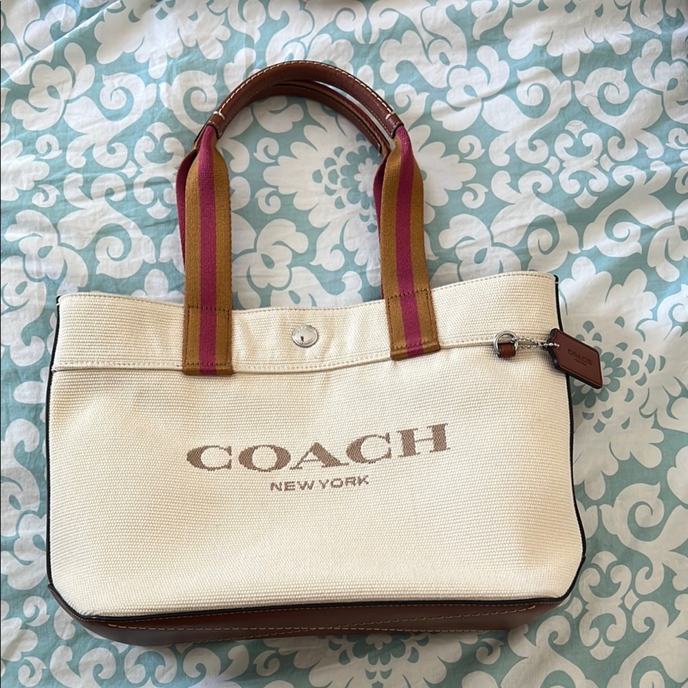 Coach Beige Canvas Tote with Multicolor Handles